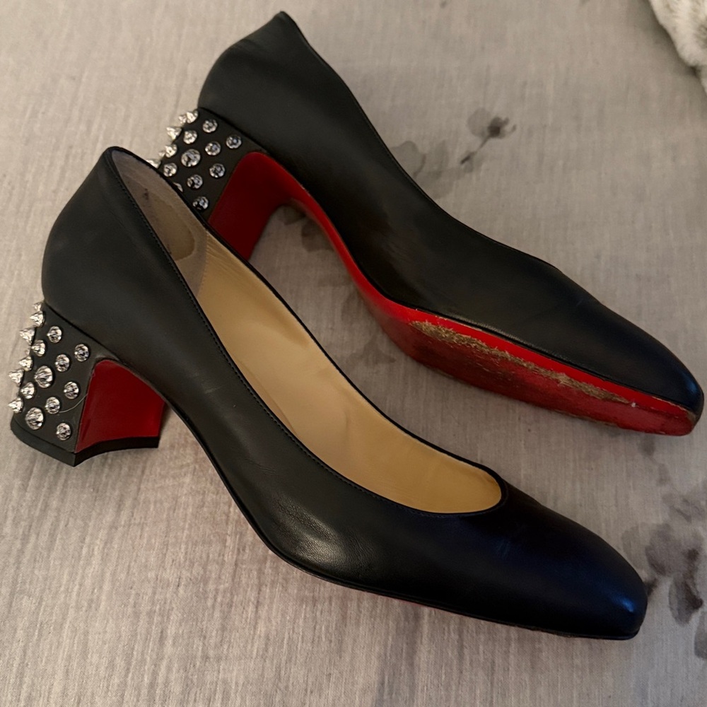 Christian Louboutin Black Leather Donna Studded Block Heels
